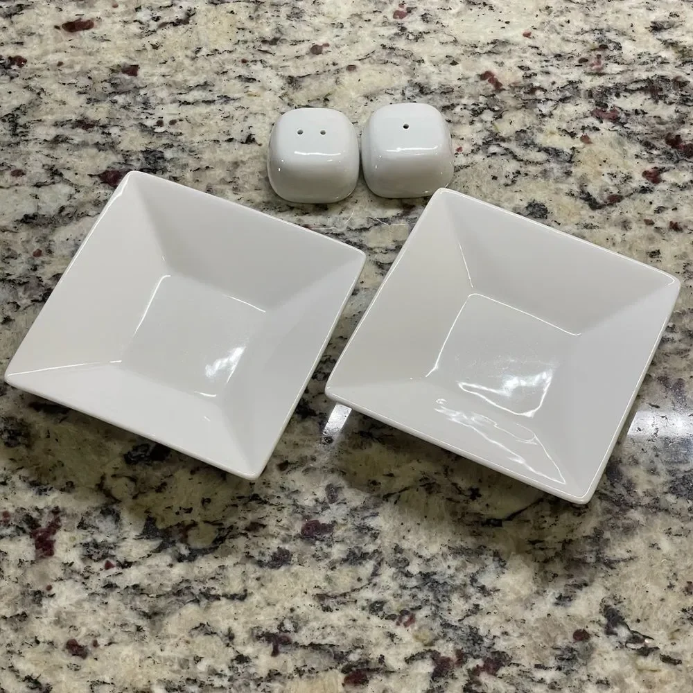 Fortressa Fortaluxe Small 5” White Ceramic Sauce Dishes & Small S&P Shakers
